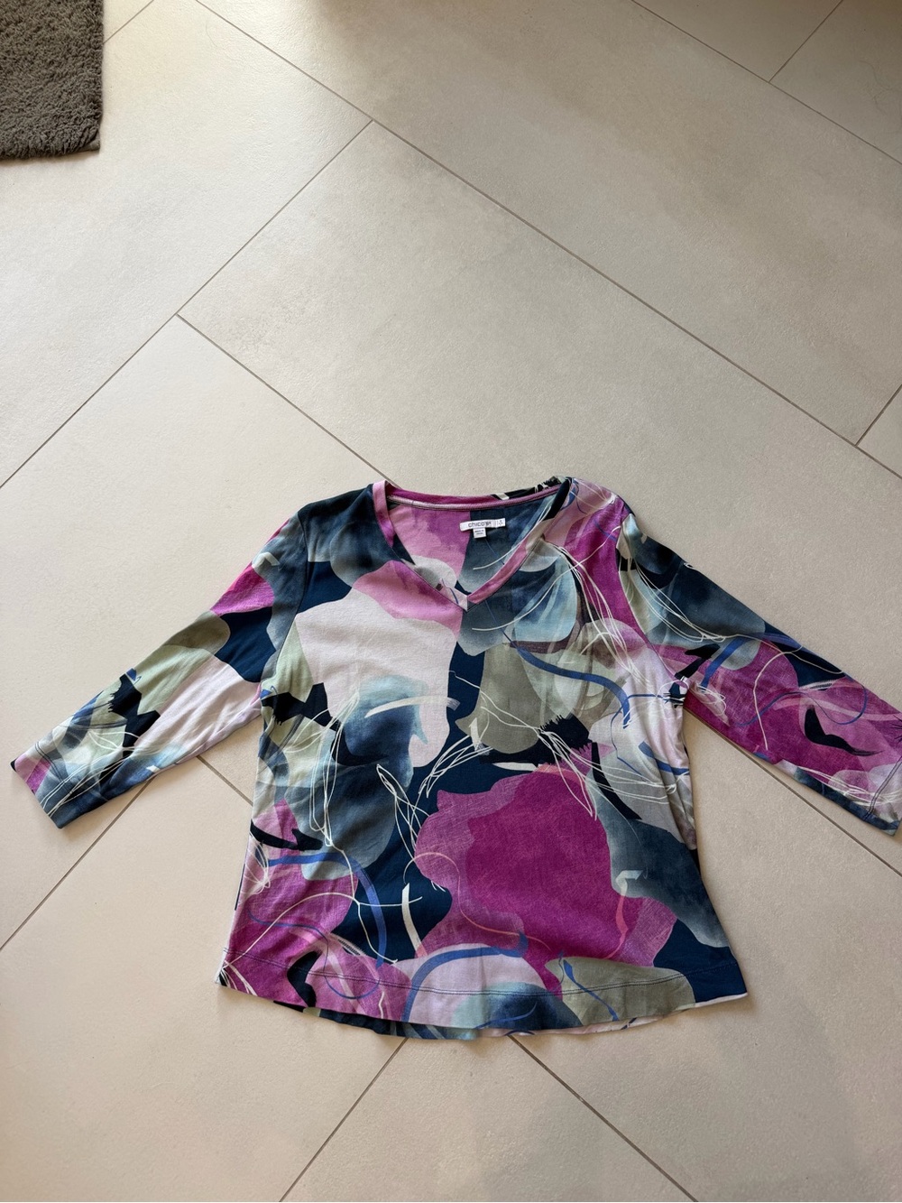 Chico's Abstract Floral V-Neck Blouse in Purple, Navy, Olive, Cream